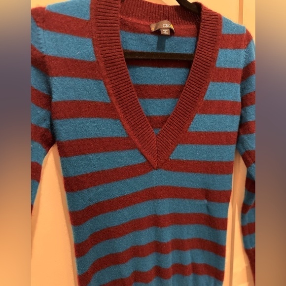 C&C California 2-Ply 100% Cashmere Knit Brown/Blue V-Neck Tunic Sweater Small - Picture 11 of 13